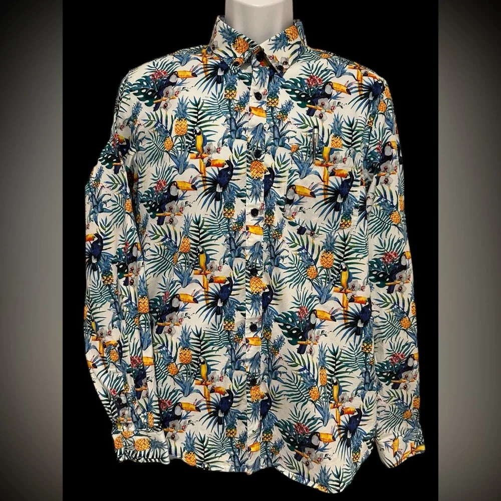 PAISLEY & GRAY MENS SHIRT BUTTON TROPICAL‎ PARROTS SLIM FIT LONG SLEEVE L 17